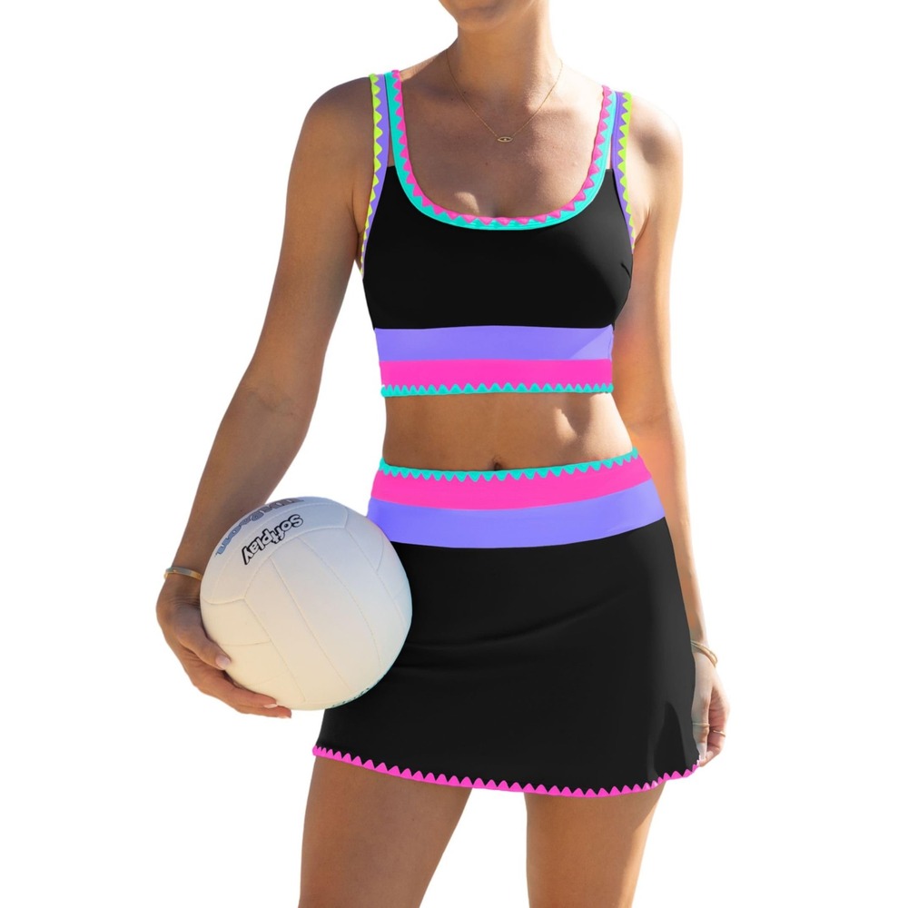 NWT Popvil Neon 3pc Bikini Set High Waist Tummy Control Skirt Black Pink Large
